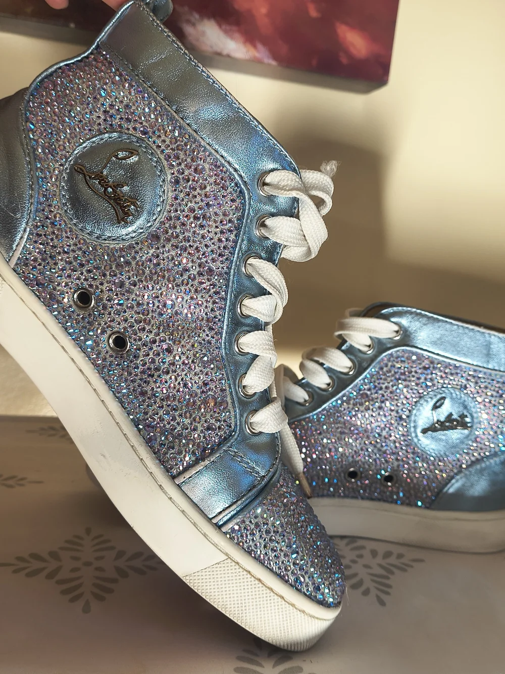 Christian Louboutin Metallic Blue Crystal High-Top Sneakers - Picture 1 of 11
